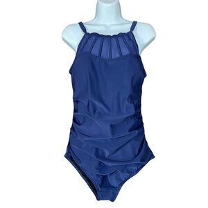 New Aqua Eve Navy Blue Mesh Panel Ruched  Front High Neck One Piece Swimsuit 12W